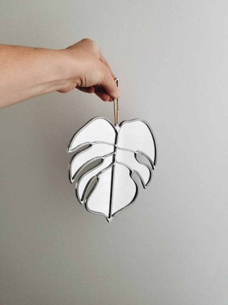 Monstera Tropical Leaf Mirror with Brass Detail Stained Glass Monstera Wall Hanging image 2