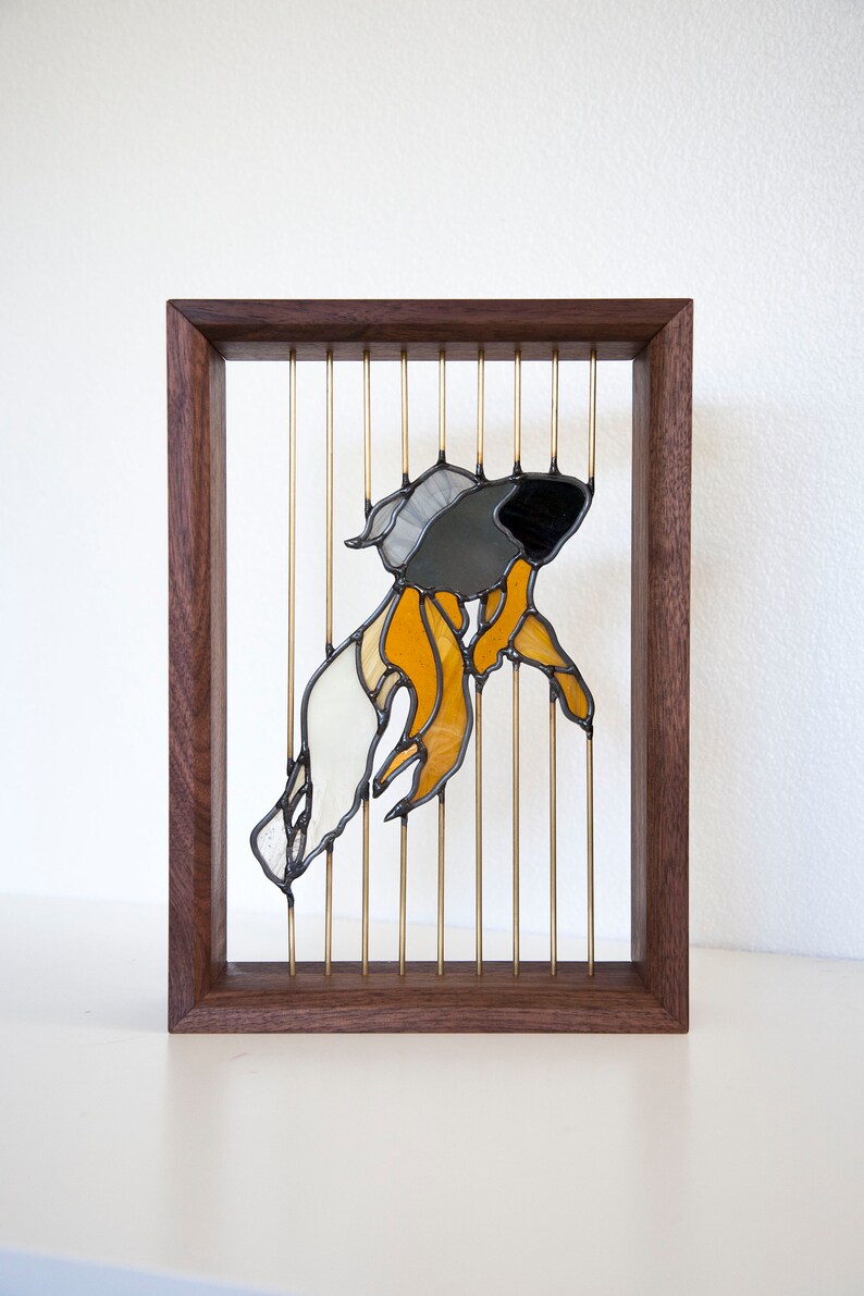 Stained Glass Fish Floating in Walnut Wood Frame with Brass image 1