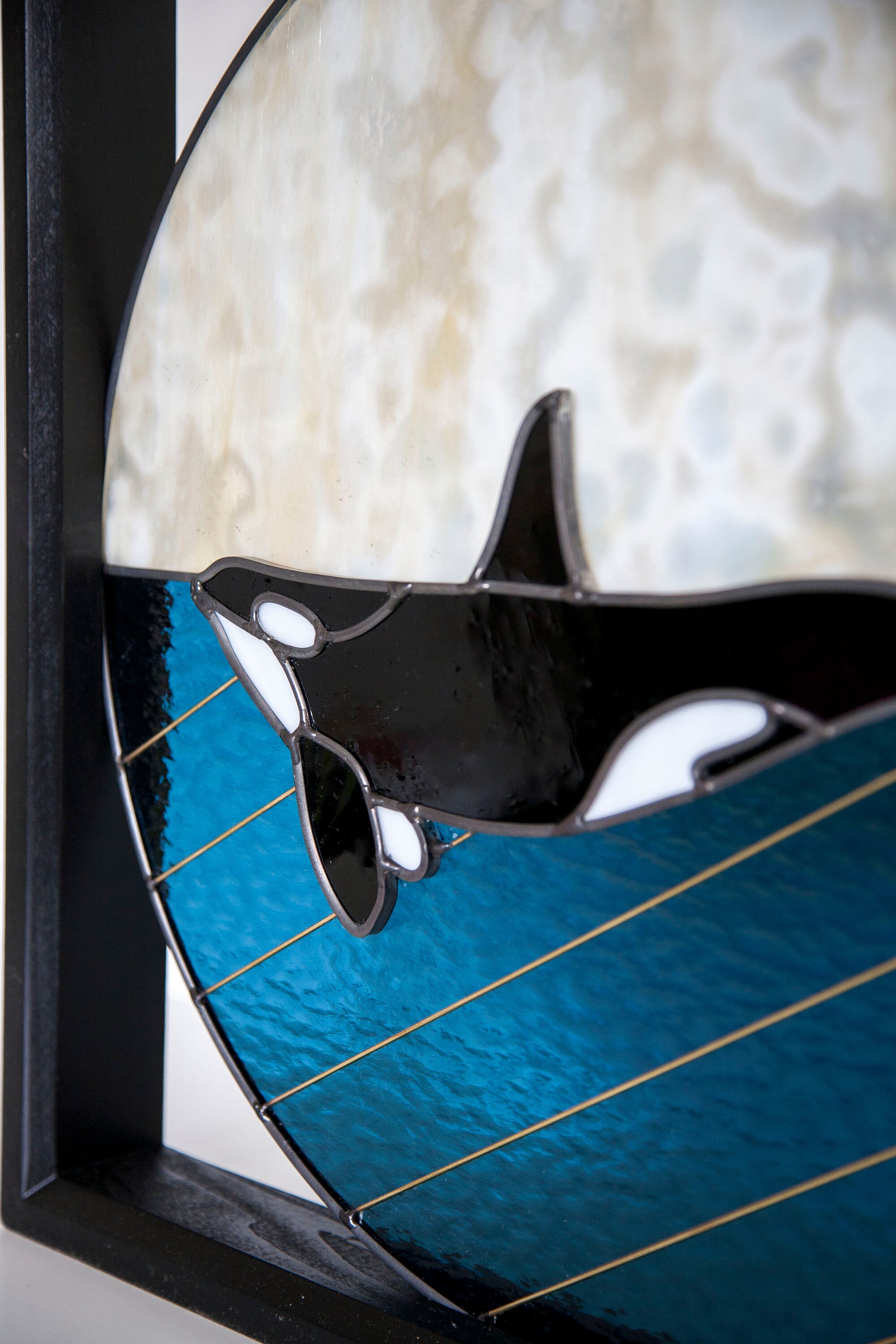 Stained Glass Orca Whale - with Brass Detail, in Black Wood Frame