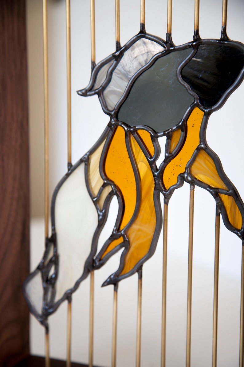 Stained Glass Fish Floating in Walnut Wood Frame with Brass image 6