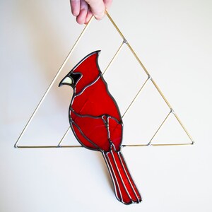 Cardinal Stained Glass Bird with Brass Detail, Bird Wall Hanging Decor image 2