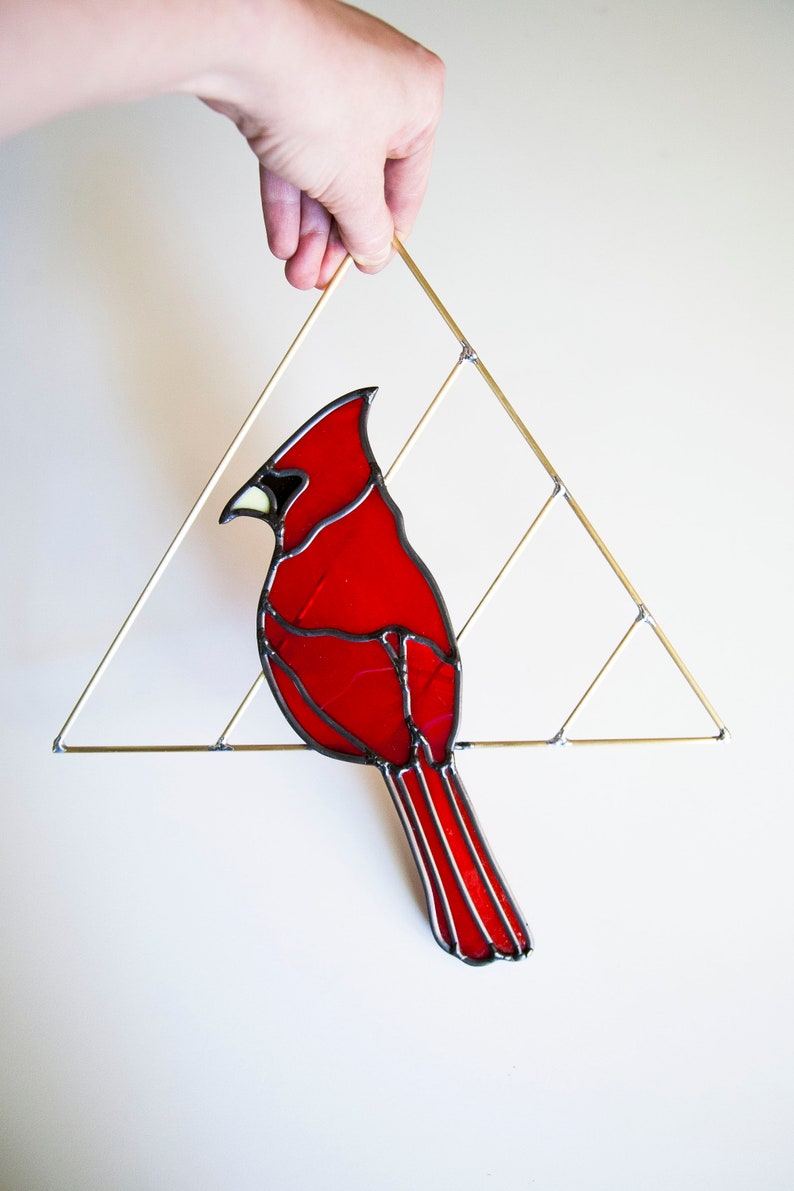 Cardinal Stained Glass Bird with Brass Detail, Bird Wall Hanging Decor image 2