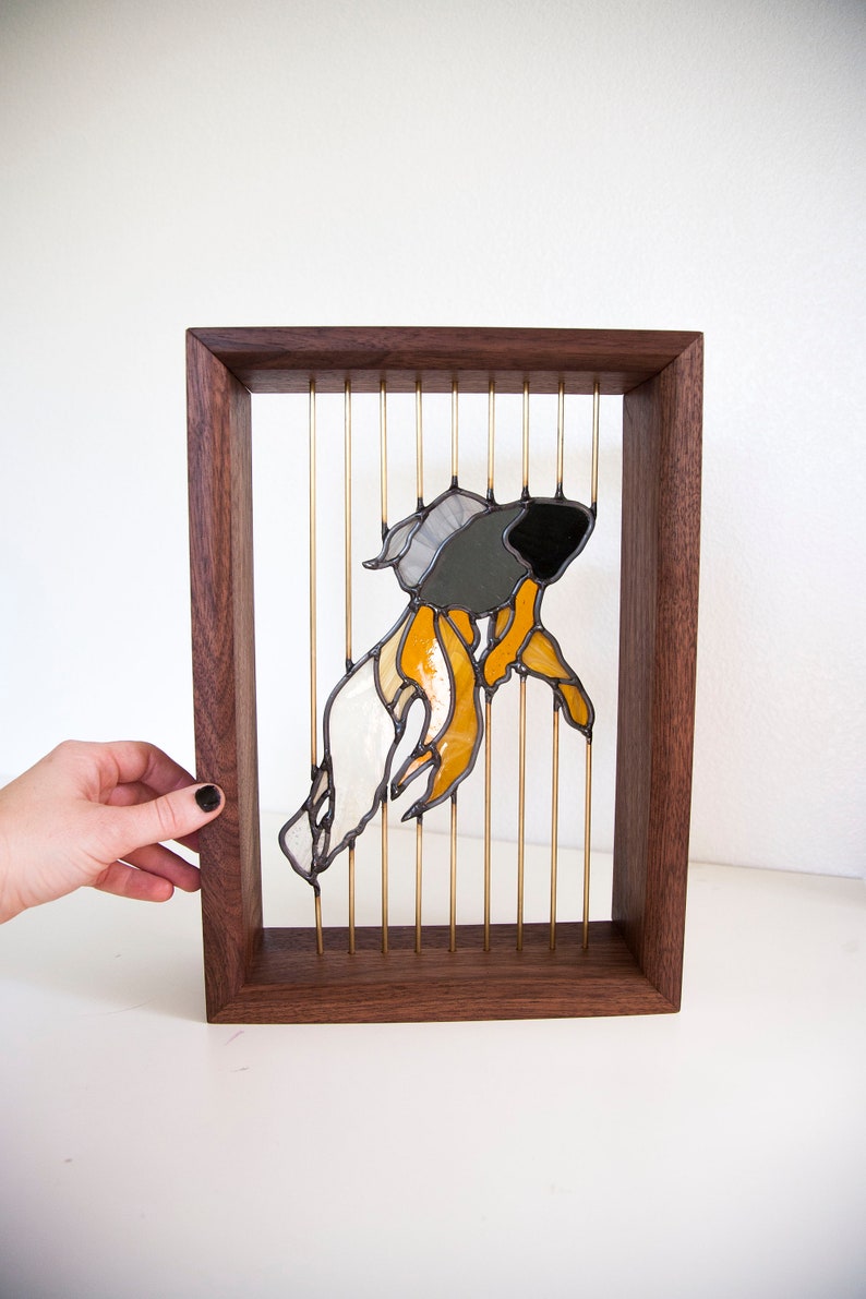 Stained Glass Fish Floating in Walnut Wood Frame with Brass image 2