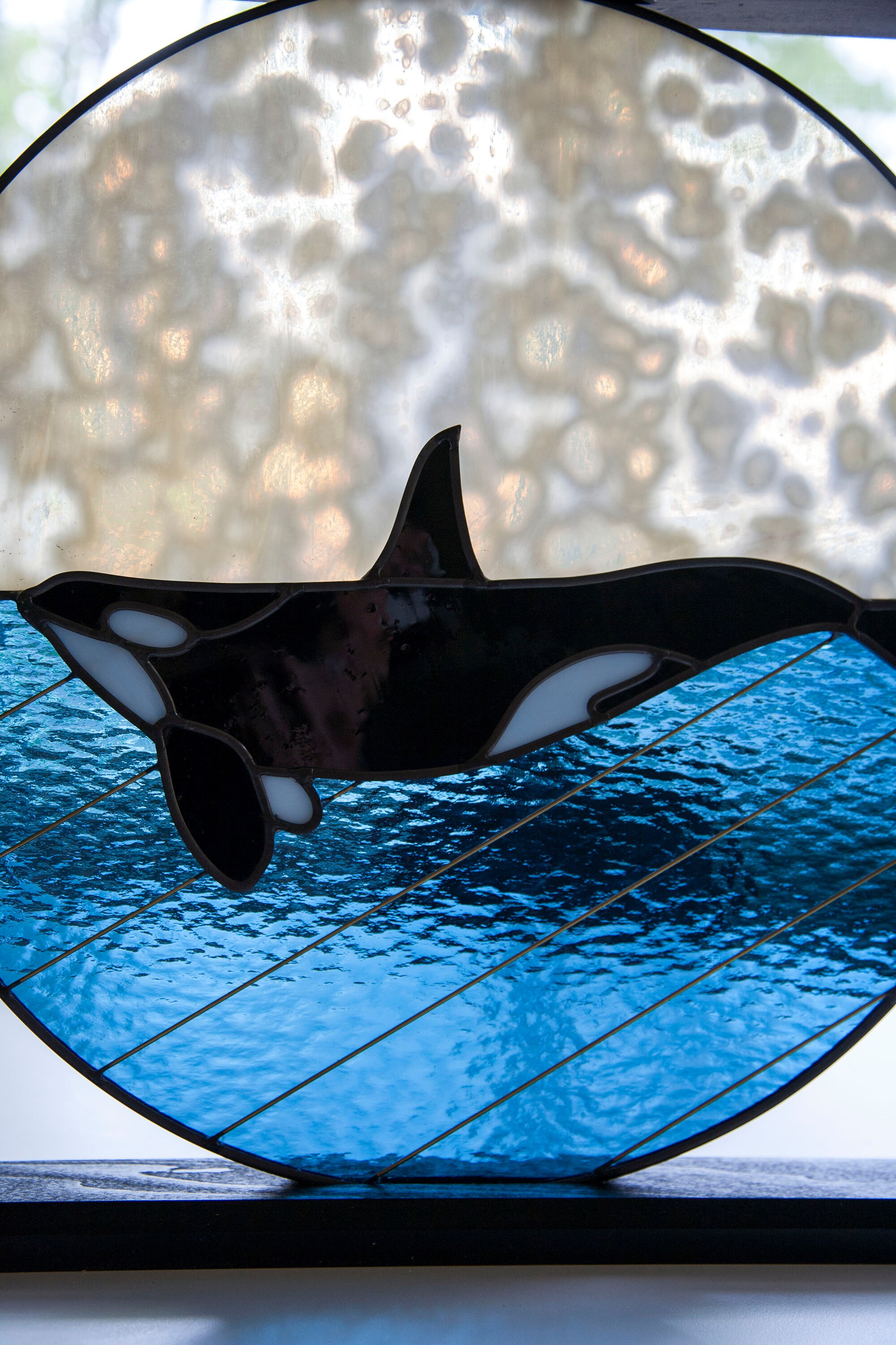 Stained Glass Orca Whale - with Brass Detail, in Black Wood Frame