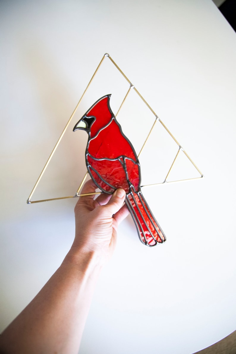 Cardinal Stained Glass Bird with Brass Detail, Bird Wall Hanging Decor image 1