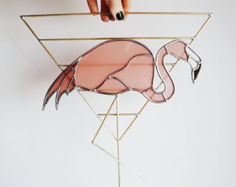 Flamingo - Stained Glass Bird with Brass Detail, Bird Wall Hanging Decor