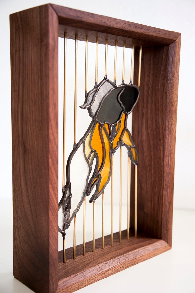 Stained Glass Fish Floating in Walnut Wood Frame with Brass image 5