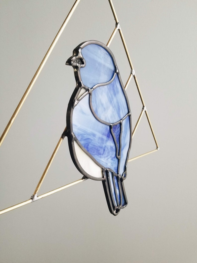 Bluebird Stained Glass Bird with Brass Detail, Bird Wall Hanging Decor image 2