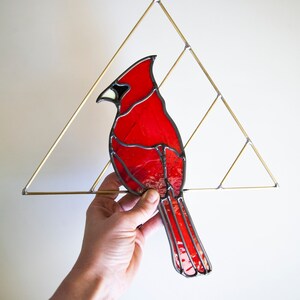 Cardinal Stained Glass Bird with Brass Detail, Bird Wall Hanging Decor image 4