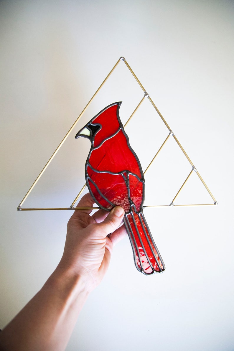 Cardinal Stained Glass Bird with Brass Detail, Bird Wall Hanging Decor image 4