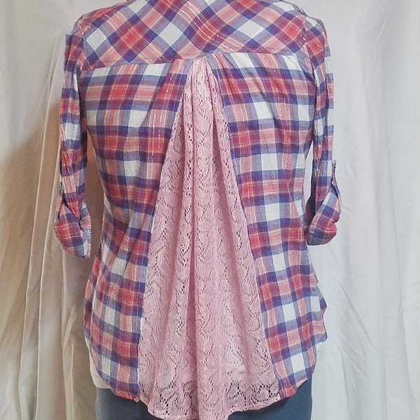 Upcycled Plaid and Lace Shirt