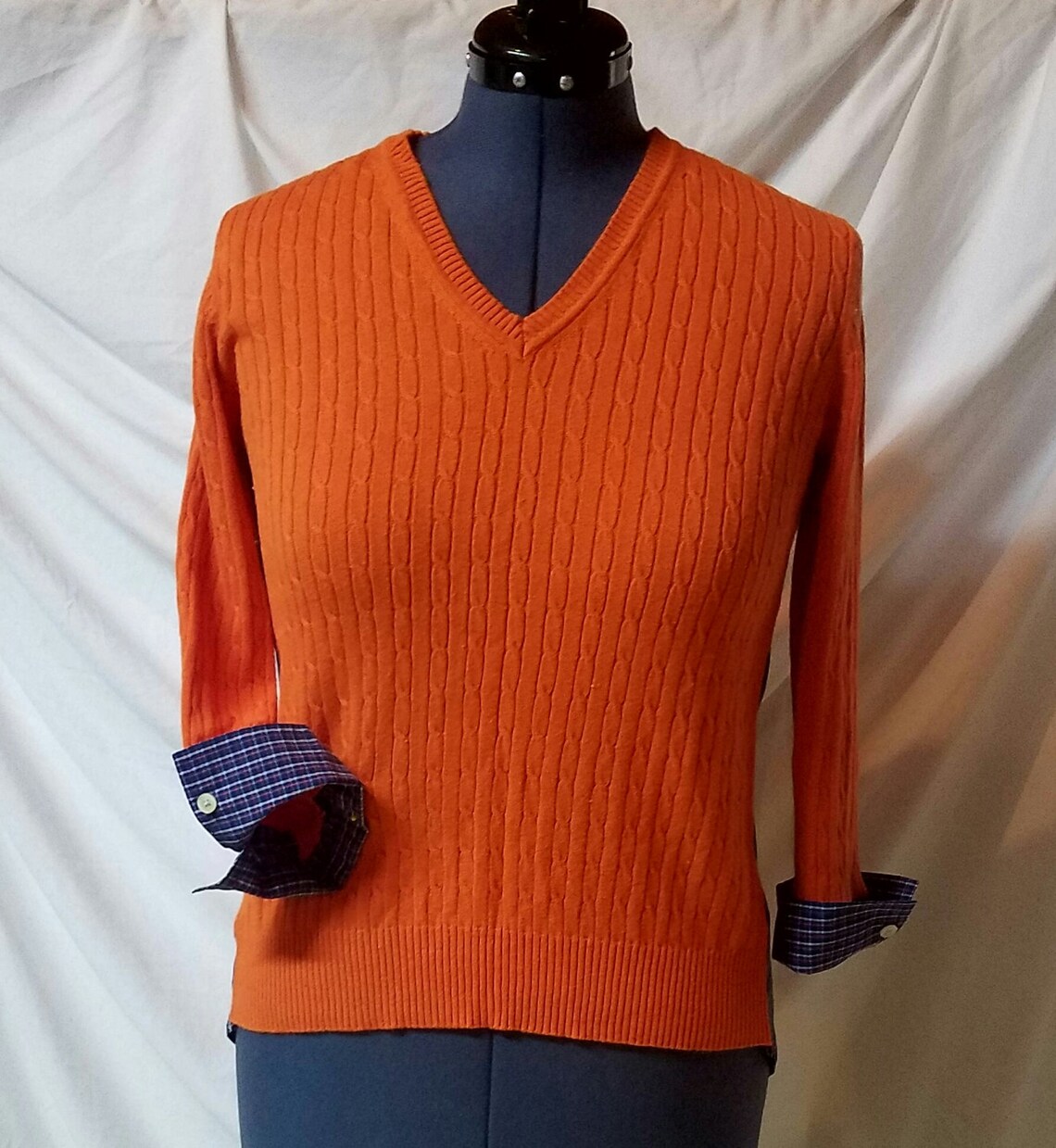 Orange Cable Knit Sweater With Plaid Back Panel and Cuffs Etsy
