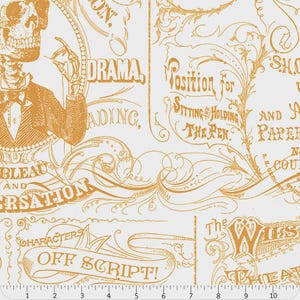 May include: White fabric with a repeating pattern of vintage illustrations in gold. The design includes a skeleton in a suit, text like "DRAMA" and "OFF SCRIPT!", and ornate scrollwork. The fabric is suitable for theatrical or vintage-themed projects.