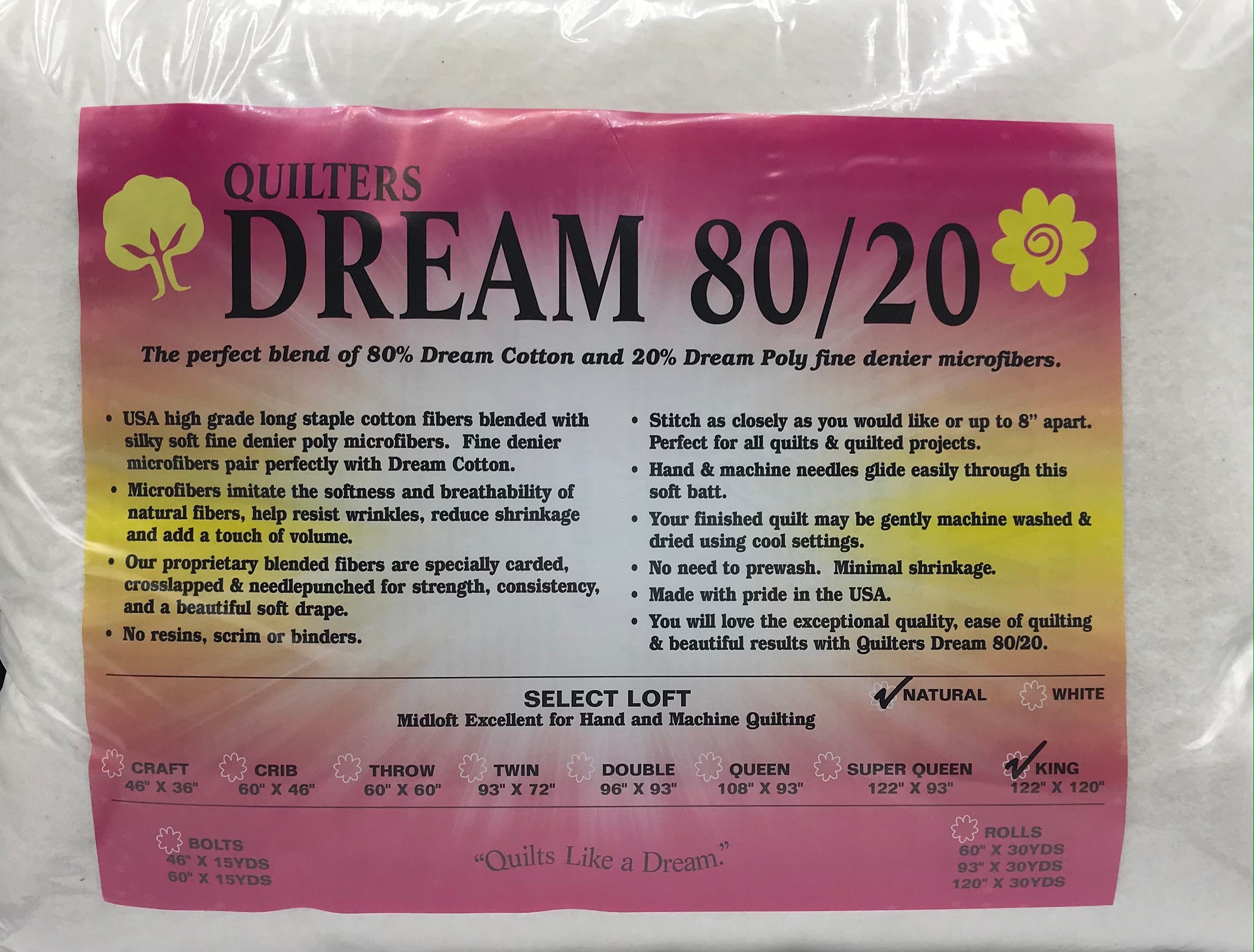 KING Quilters Dream 80/20 Cotton Poly Batting, Dream Batting, Natural