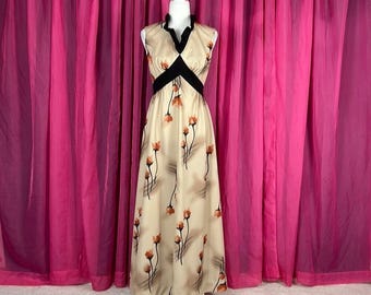 Vintage 70s unbranded brown and orange floral maxi dress, size 12