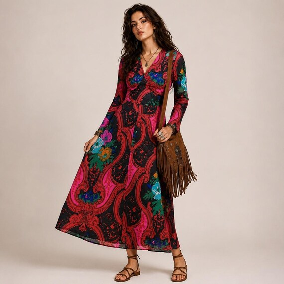 Unbranded Vintage 70s Psychedelic Floral Maxi Dress Small