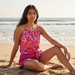 May include: A sleeveless tank top featuring a vibrant floral pattern in shades of pink, orange, and purple, with a tie-front detail at the hem, paired with solid magenta shorts. The top has thin shoulder straps and a gathered neckline.