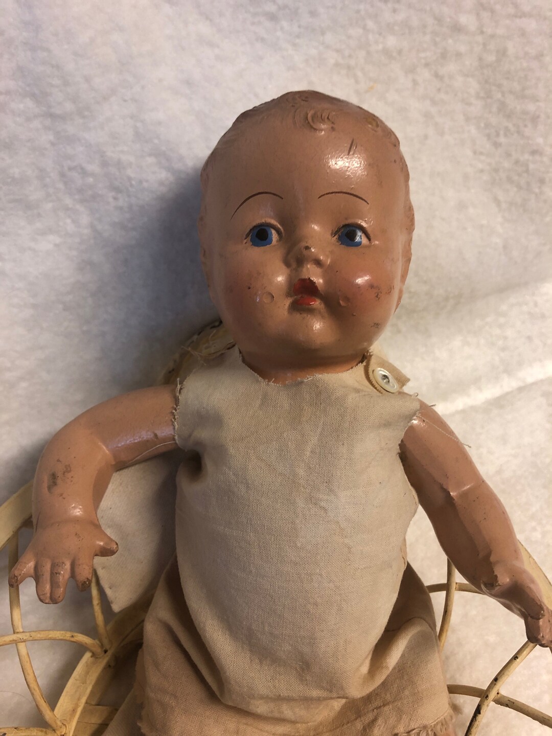 Antique Baby Doll in Basket, Doll With Blanket, Antique Doll, Doll Bed