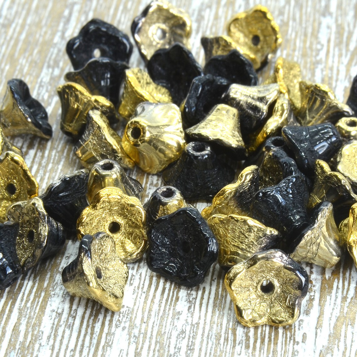 Black & Gold Czech Glass Flower Cup Beads 7mm X 5mm Flower Etsy