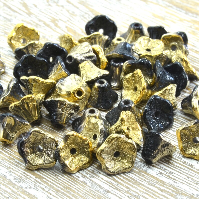 Black & Gold Czech Glass Flower Cup Beads 7mm X 5mm Flower Etsy