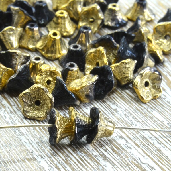 Black & Gold Czech Glass Flower Cup Beads,  7mm x 5mm Flower Beads, Pack of 40 Flowers, Czech Glass Beads,