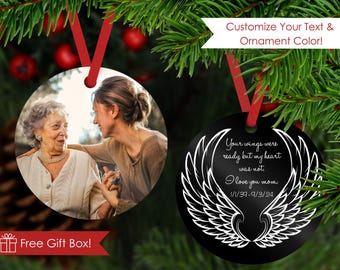 Memorial Photo Ornament with Angel Wings, Customizable Aluminum 3" Keepsake Ornament w/ Ribbon & Gift Box, Add Photo and Custom Text on Back