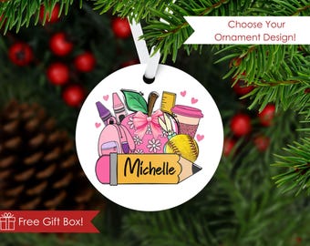 Personalized Student Gift Ornament, School Theme w/ Name, Aluminum 3” Keepsake, White Ribbon & Gift Box, Custom Teacher Gift Idea
