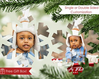 Custom Snowflake Photo Ornament, Single or Double Sided, Aluminum 3”x3.14” w/ Ribbon & Gift Box
