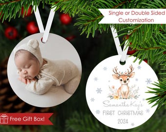 Baby’s First Christmas Photo Ornament, 2025 3" Ornament Personalized w/ Baby’s Name, Includes Ribbon & Gift Box, Newborn Keepsake