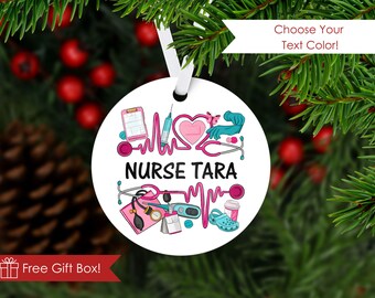 Personalized Nurse Ornament, Custom 3” RN Gift w/ Name & Medical Field Design, Includes White Ribbon and Gift Box