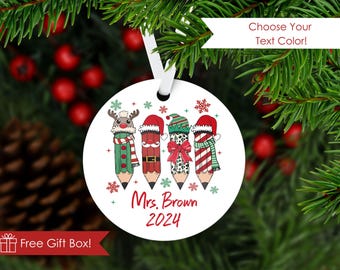 Personalized Teacher Ornament, Custom 3” Aluminum Gift w/ Name & Teacher Design, Includes White Ribbon and Gift Box