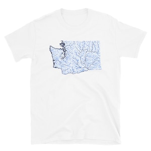May include: White t-shirt with a blue outline of the state of Washington, showing the rivers and waterways within the state.