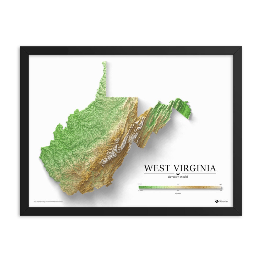 West Virginia Elevation Map Poster Etsy