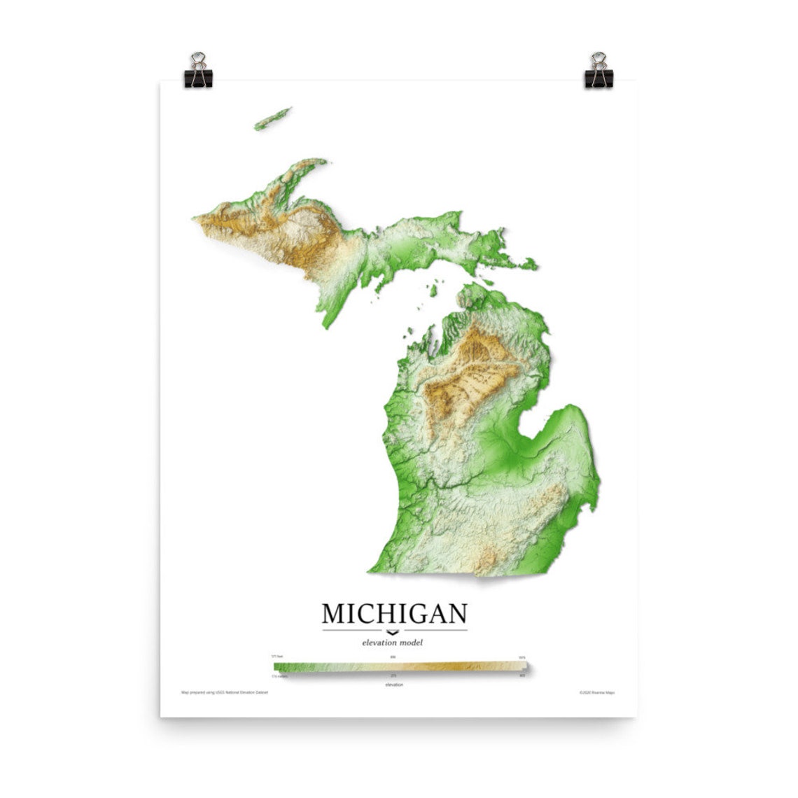 Michigan Elevation Map Poster Etsy