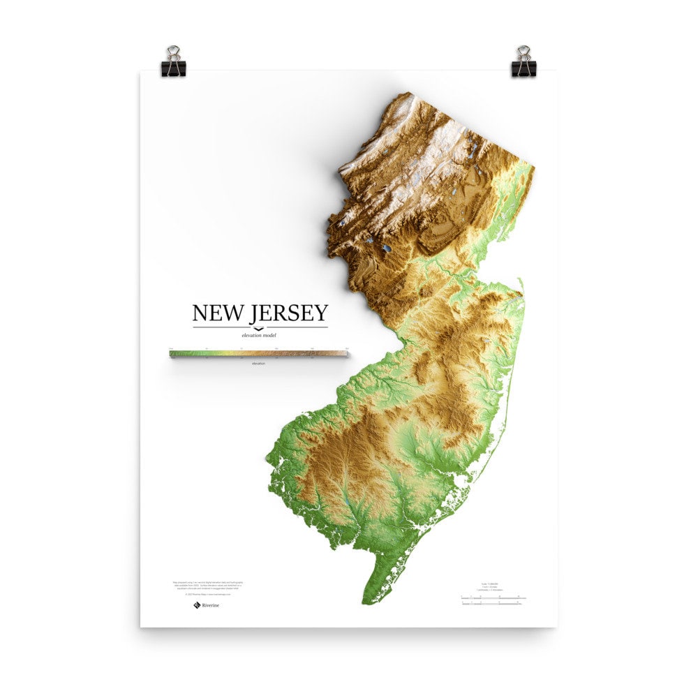 New Jersey Elevation Map Poster Etsy