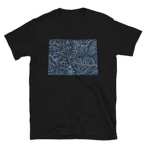 May include: Black t-shirt with a blue and white graphic of the river system of Colorado.