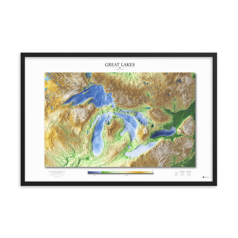 Great Lakes Elevation Map Poster Etsy