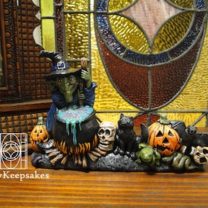 Witch Brewing with Friends, Hand Painted Ceramic Halloween Figurines, Halloween Decorations Halloween Witch