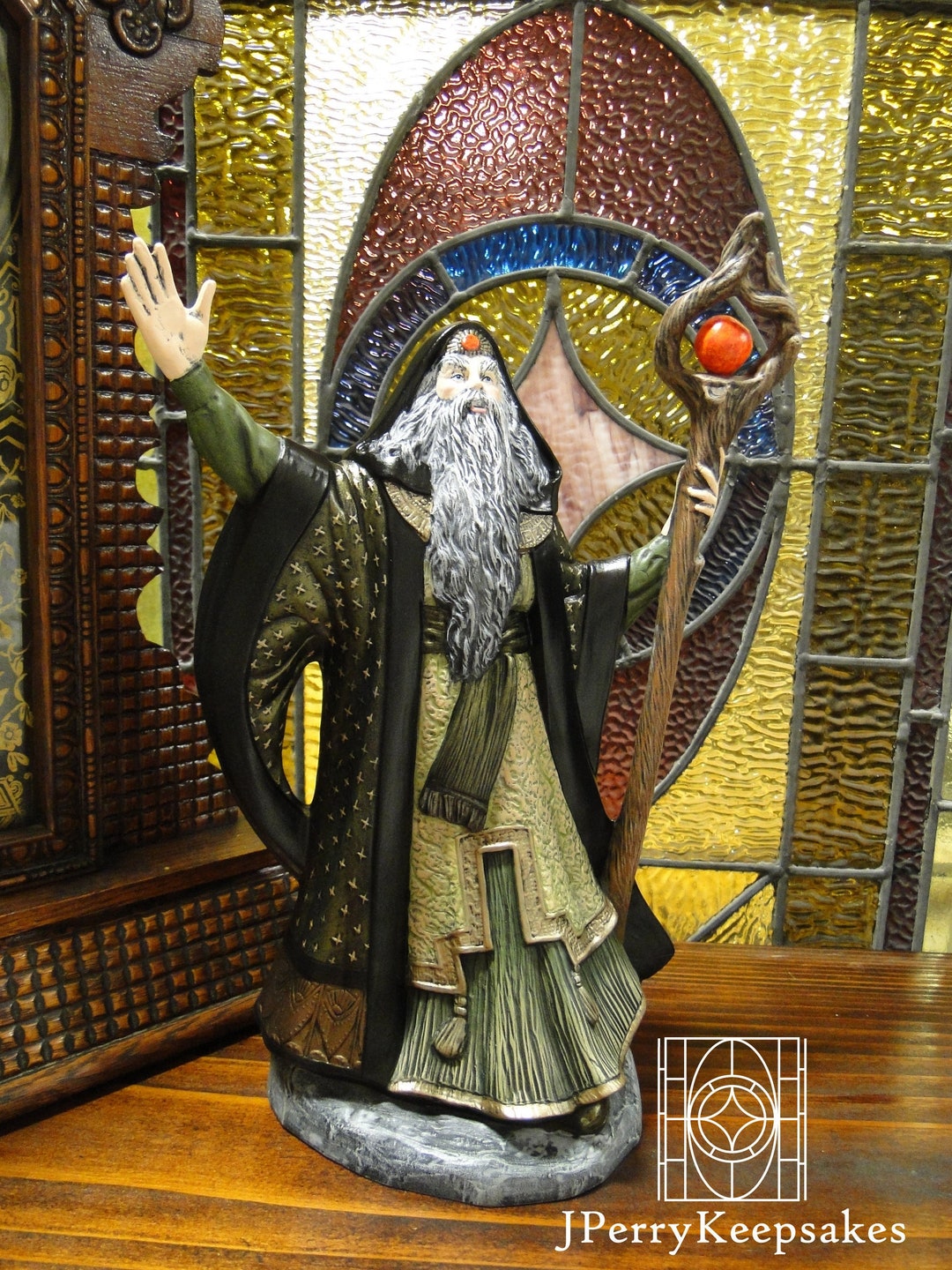 Fall Wizard Figurine Hand Painted Ceramic Green Wizard With Etsy