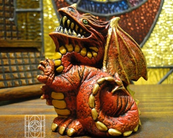 SMALL Dragon Figurine in Red and Yellow, Stocking Stuffer Hand Painted Ceramic Dragon Figurines / Dragon Figure / Dragons