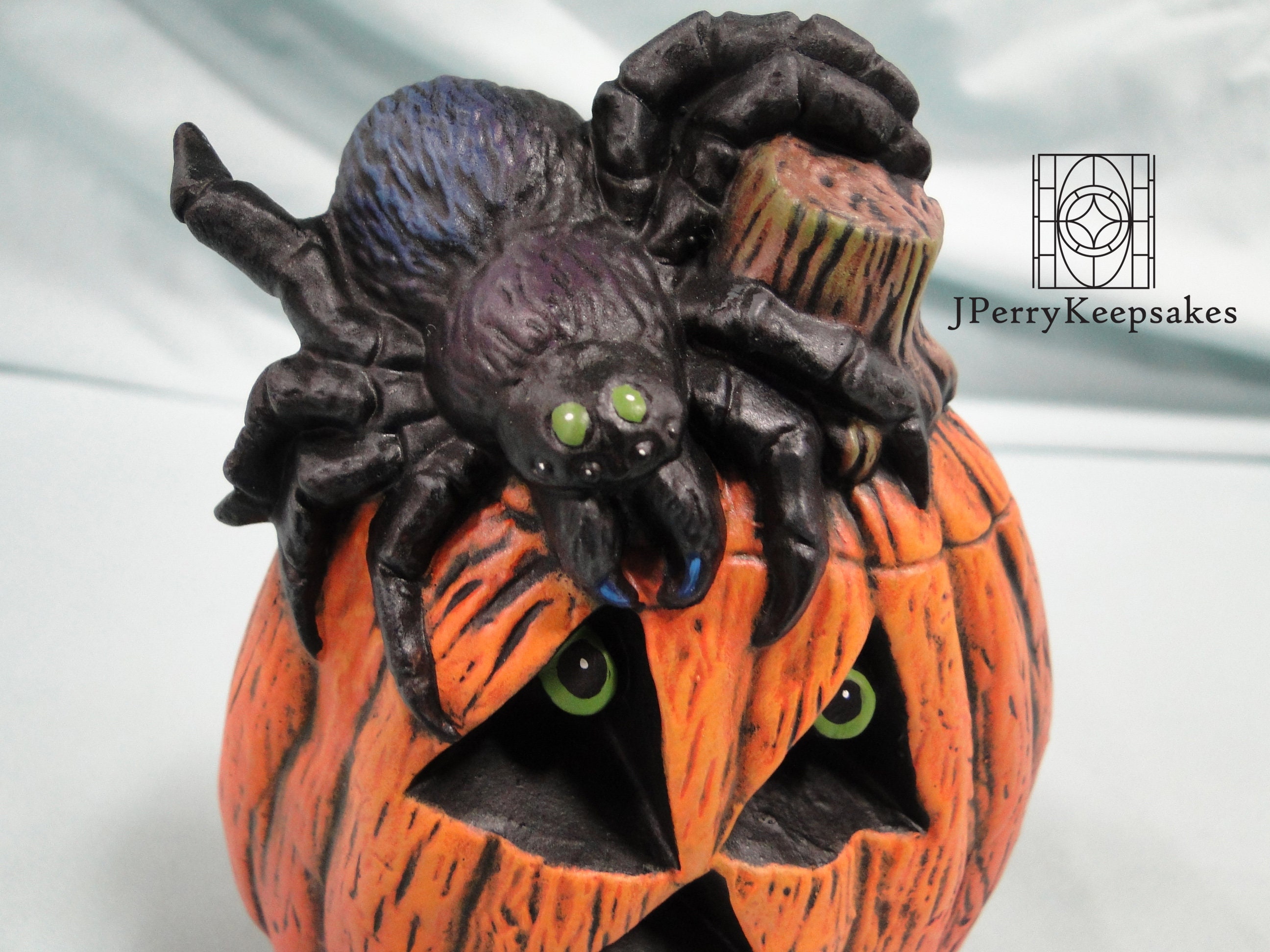 Spider on JackOLantern Figurine Halloween Decoration Hand Etsy