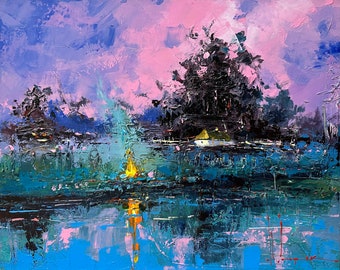 Landscape acrylic painting "Evening over village"
