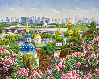 Украина городской пейзаж картина маслом «Выдубицкий монастырь»