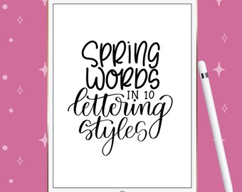 Spring Words Lettering Practice Sheets PDF, 10 Styles of Lettering, Lettering Worksheets, Brush Calligraphy Worksheets, Brush lettering