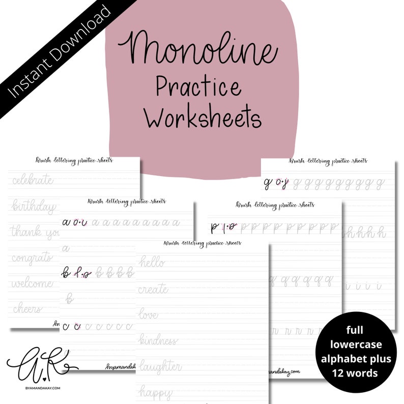 Monoline Hand Lettering Practice Sheets, Monoline Modern Calligraphy Worksheets, Hand Lettering Practice Printable, Instant Download image 2