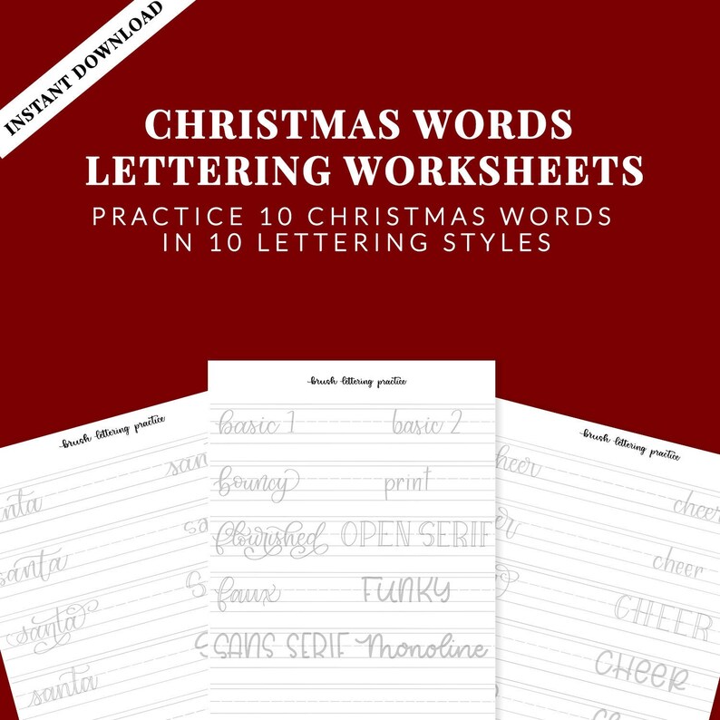 Christmas Words Hand Lettering Practice Sheets, Instant Download, 10 Styles of Hand Lettering, Lettering Worksheets, Brush Calligraphy image 2