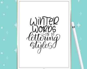 Winter Words Lettering Practice Sheets PDF, Instant Download, 10 Styles of Lettering, Lettering Worksheets, Brush Lettering Practice