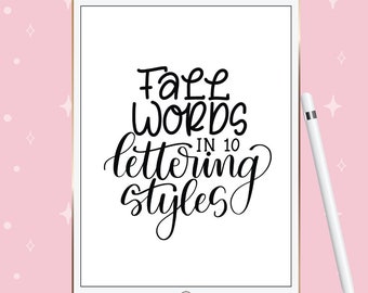 Fall Words Lettering Practice Sheets PDF, Instant Download, 10 Styles of Lettering, Lettering Worksheets, Brush Lettering Practice