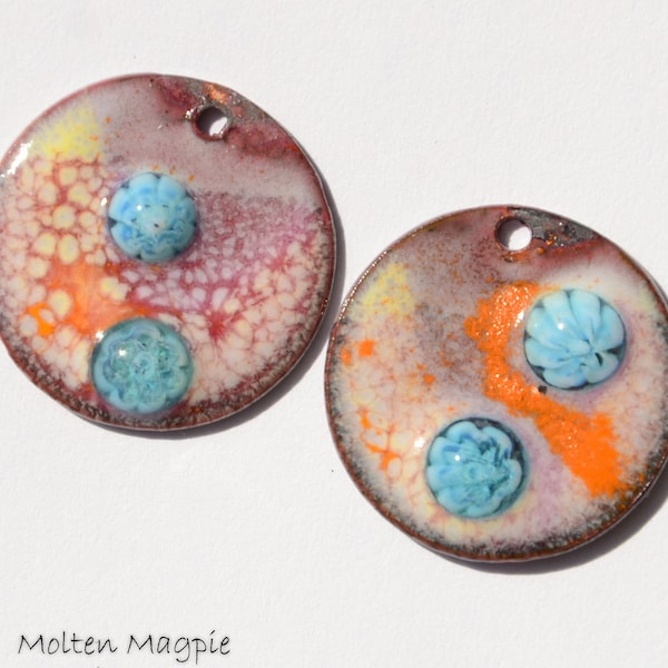 Bubbly Flowers  - torch fired enamel earring charms with molten splashes of orange and yellow with clear turquoise flowers.