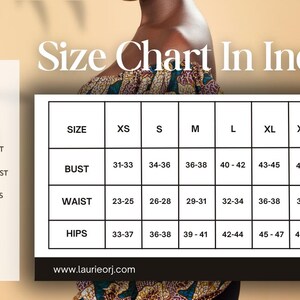 Puede incluir: Tabla de tallas en pulgadas para ropa, que muestra las medidas de busto, cintura y cadera en pulgadas para las tallas XS a XXXL.